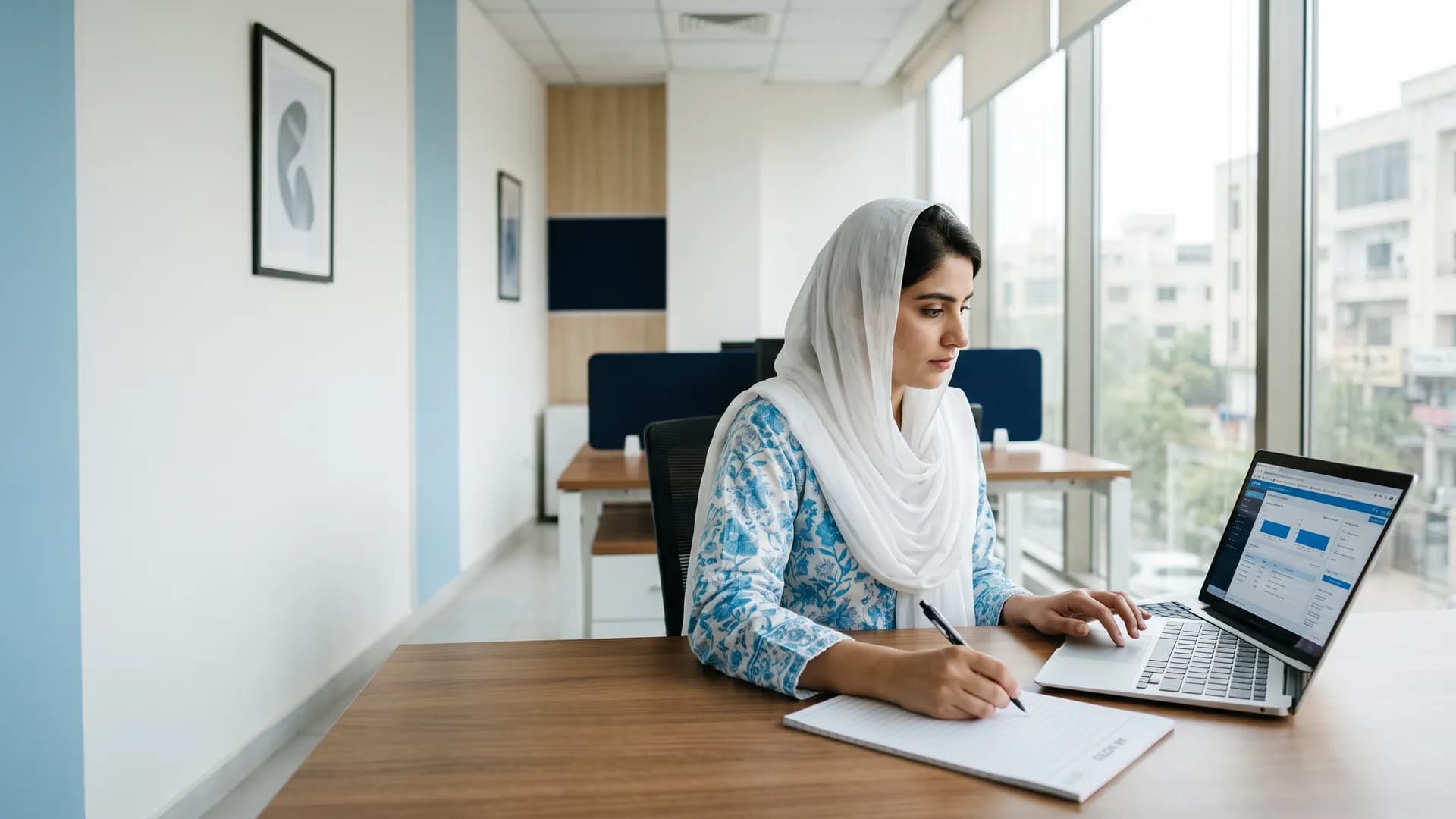 Medical coder in a white dupatta checking a same-day visit on her laptop