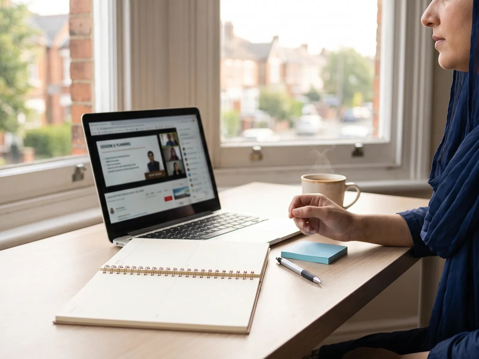 Laptop with an online lesson and an open planner on a home desk by the window