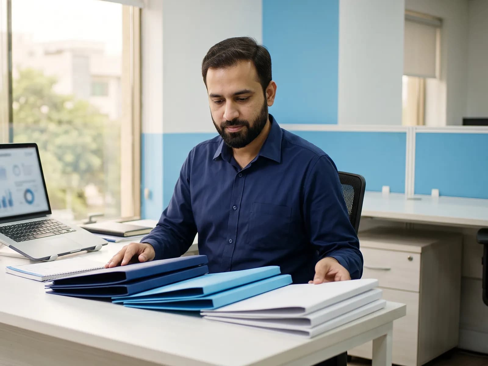 Revenue cycle analyst sorting colour-coded folders at his desk
