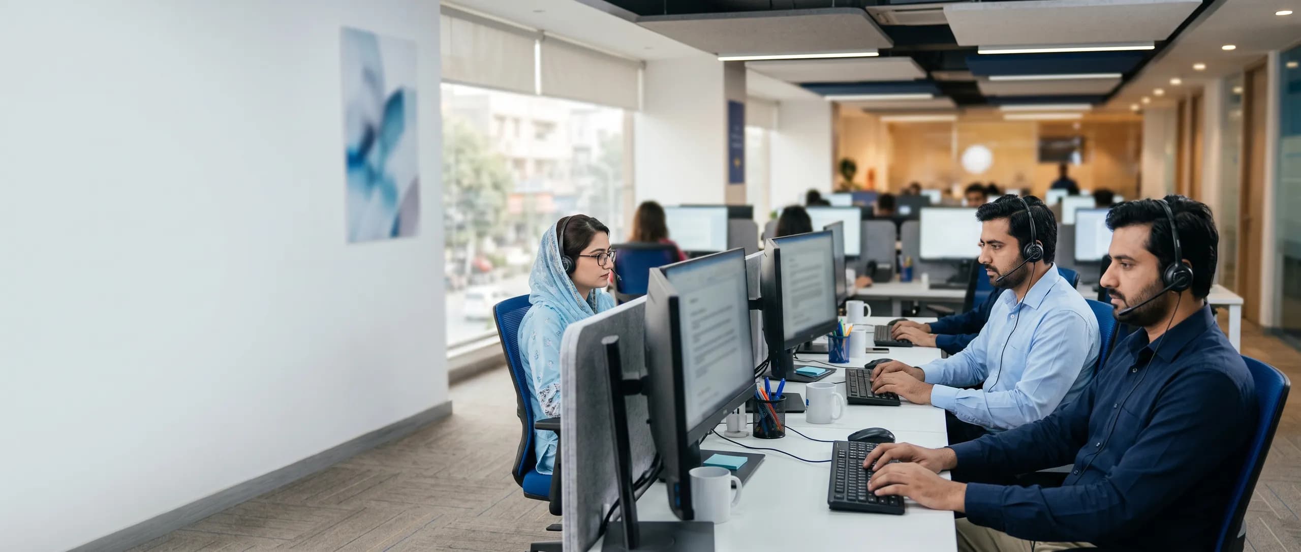 GlobalMed team members with headsets working at their desks in a bright office