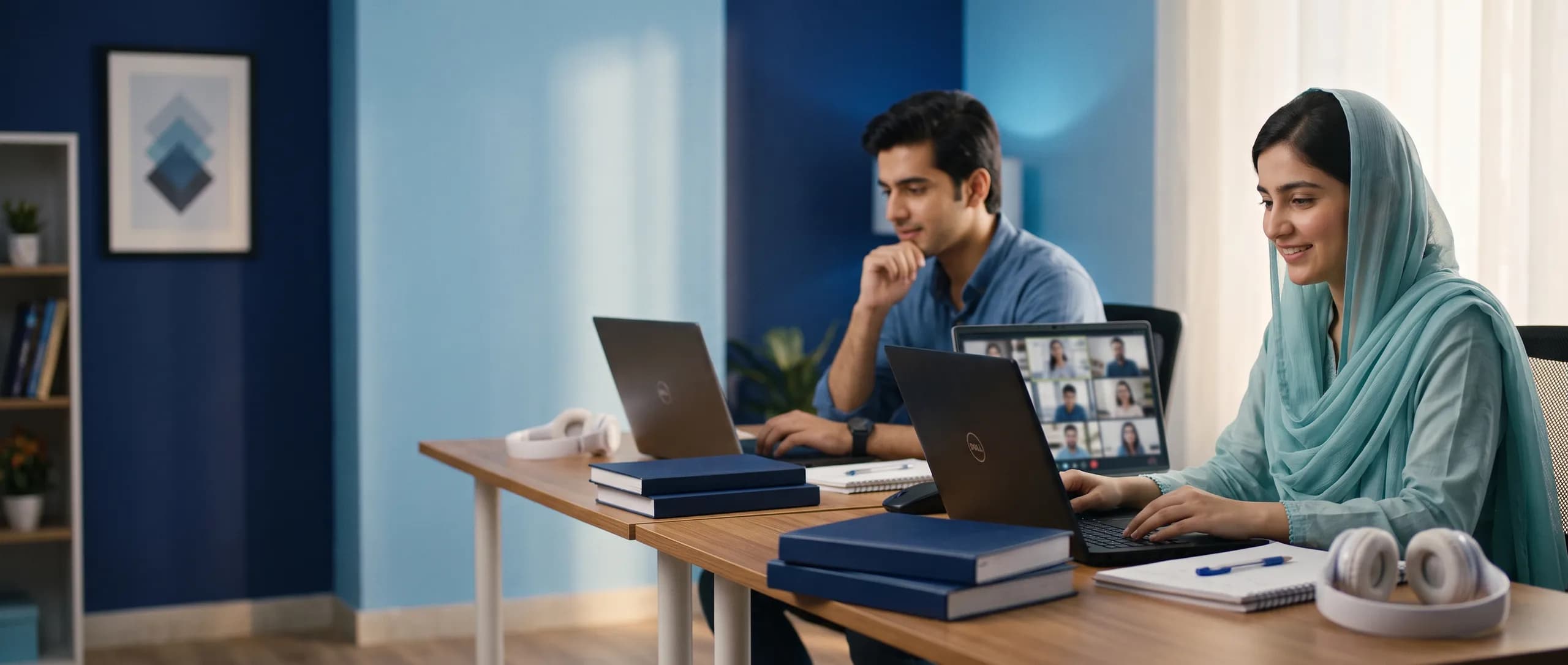 Two students following an online class on their laptops at a shared desk