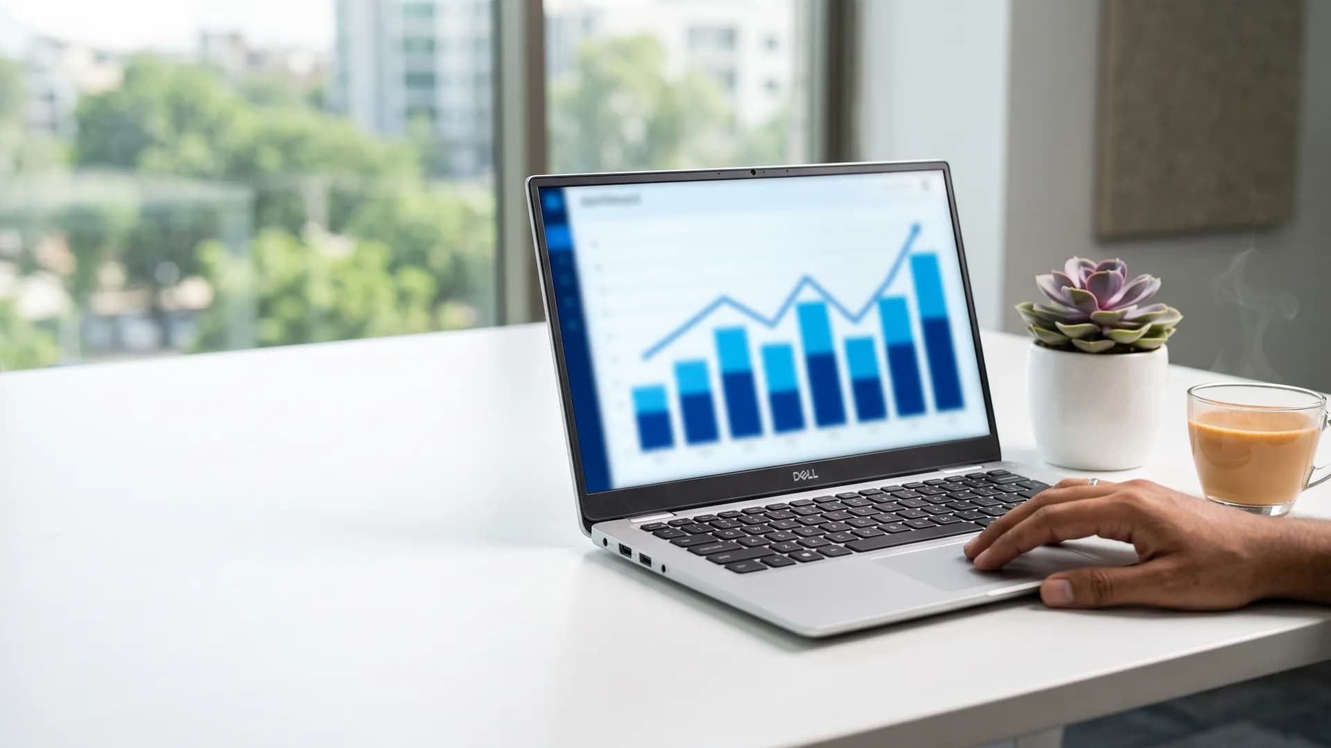 Laptop showing a rising bar and line chart on a clean office desk