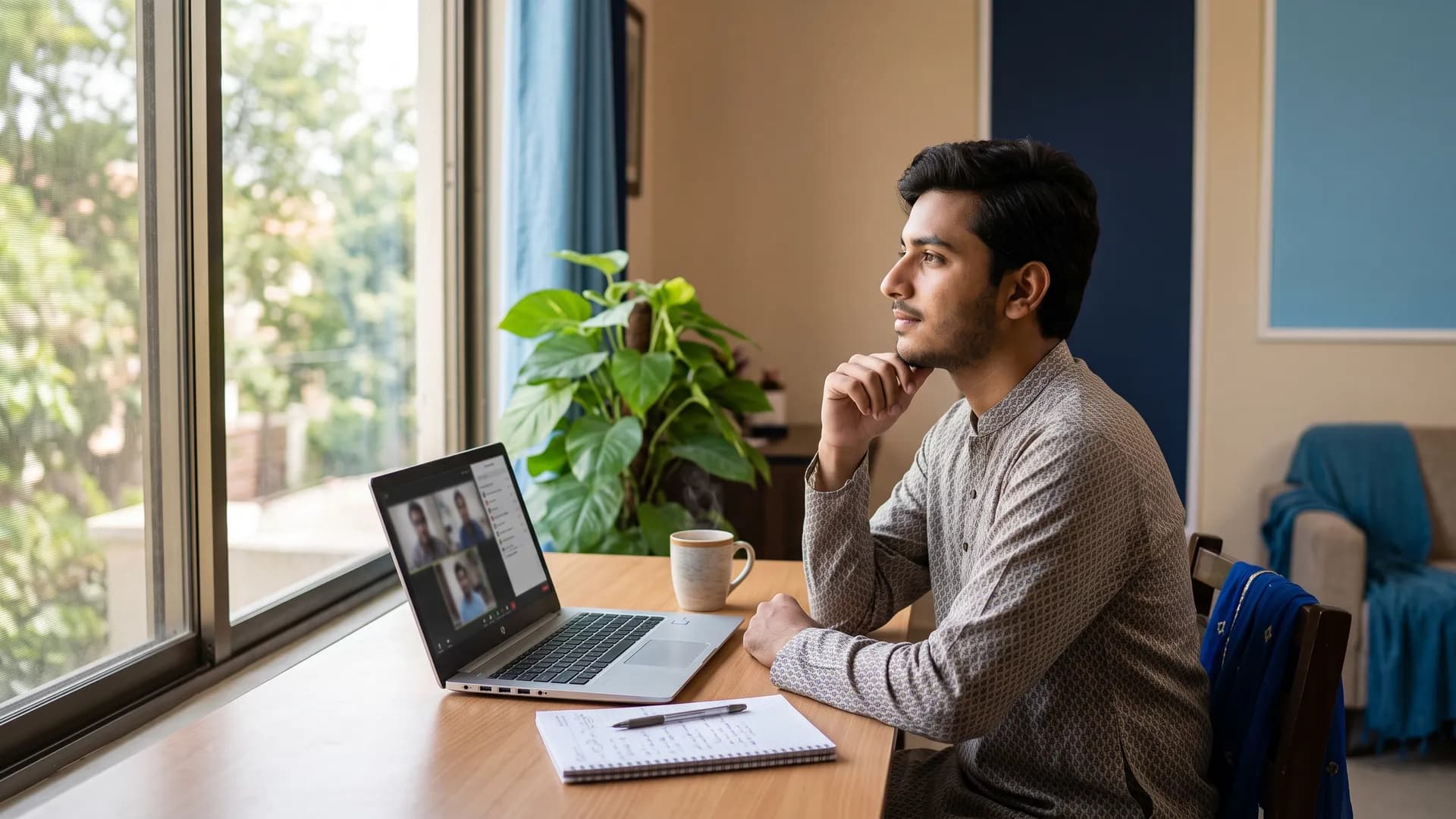 Young man at a home desk with an online lesson on his laptop, looking out of the window