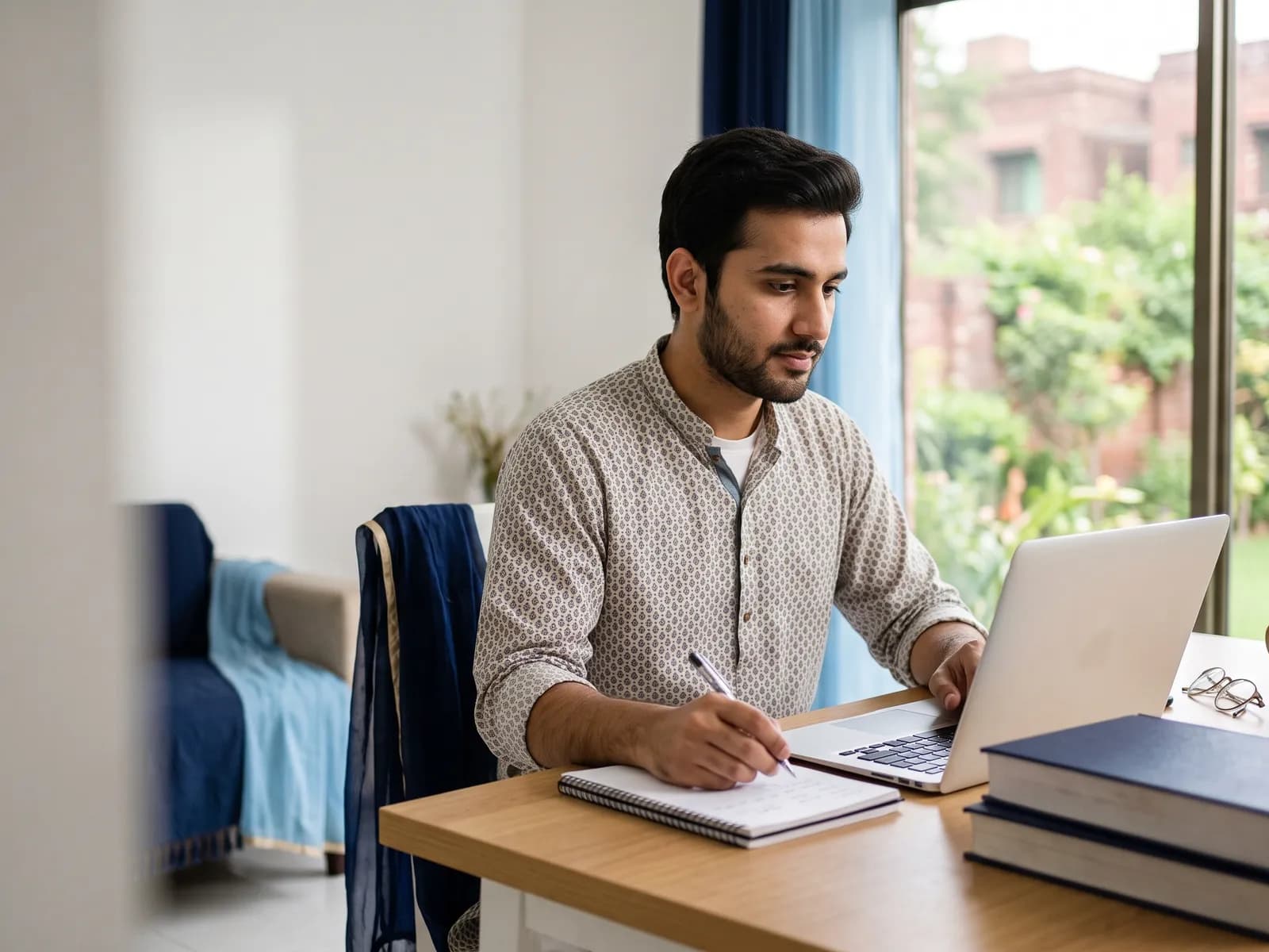 Young man studying for a medical coding exam at a laptop at home, with reference books beside him