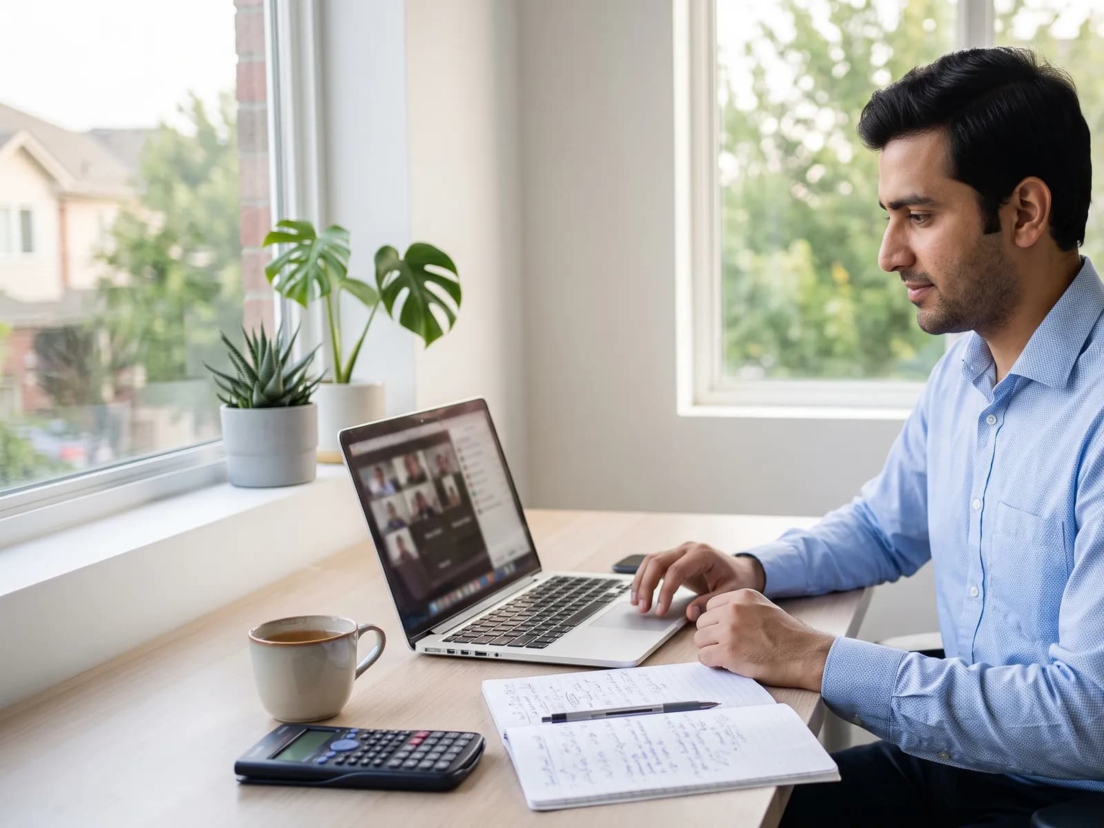 Man in a light blue shirt learning medical billing on a video call, with a calculator and notebook