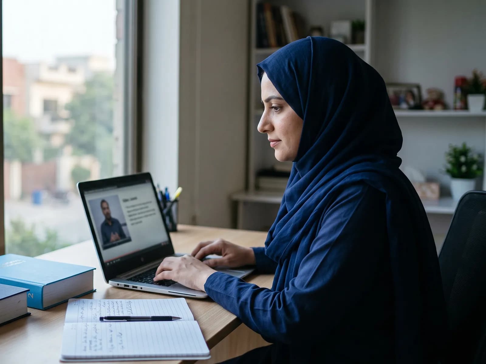 Woman in a navy hijab following an online lesson at her home desk by the window