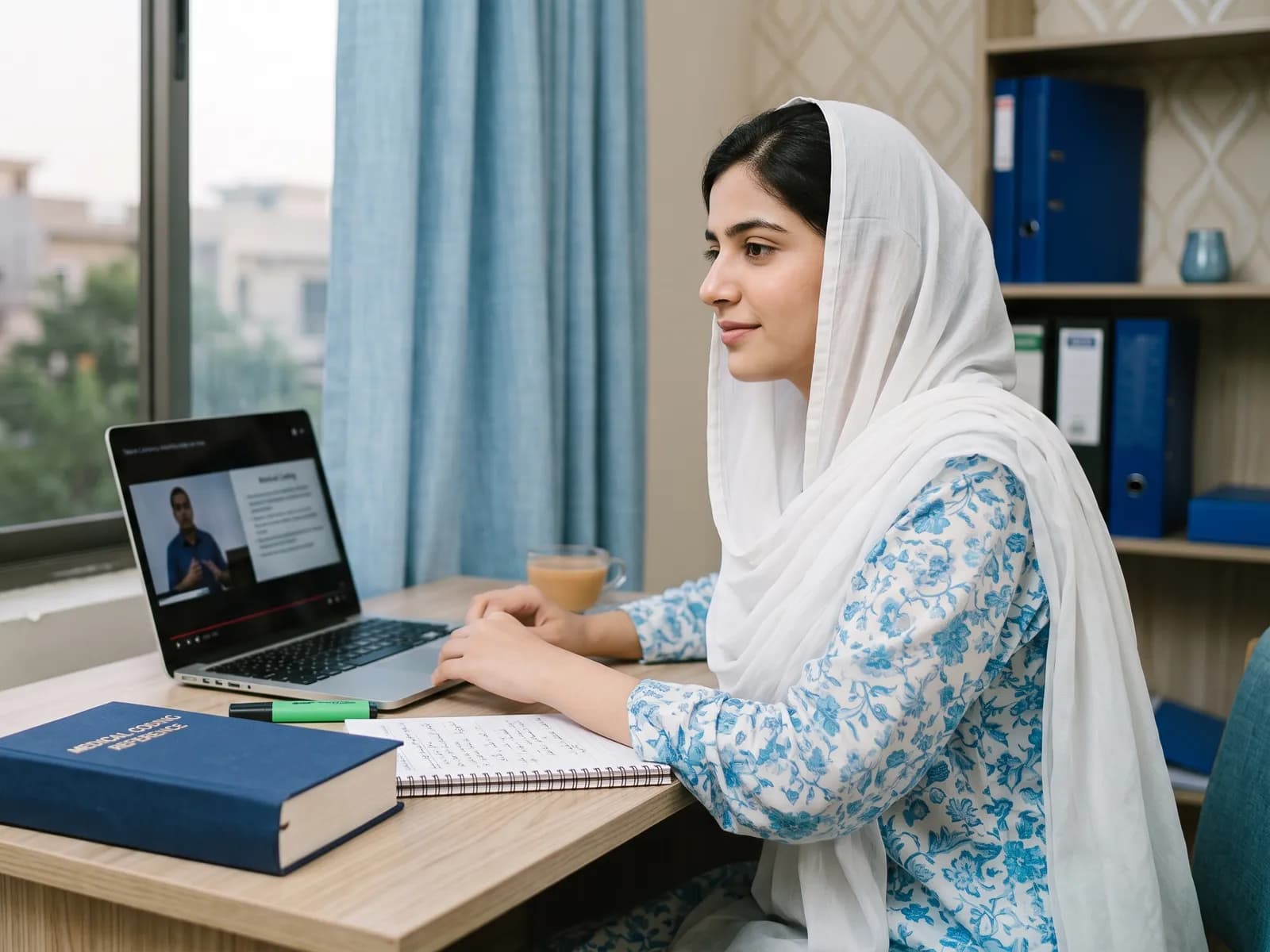 Woman in a white dupatta following an online medical coding lesson on her laptop at home