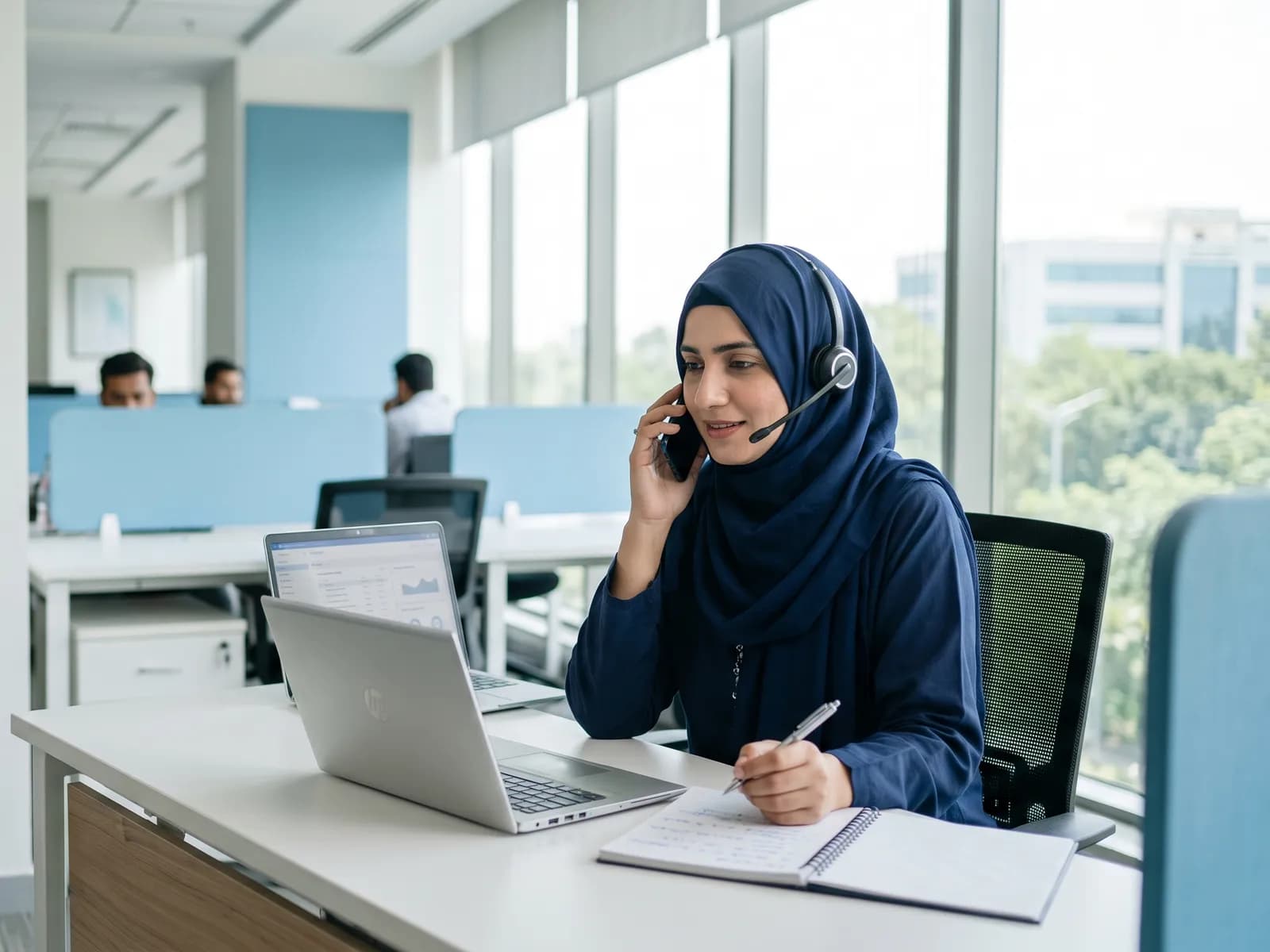Accounts receivable specialist in a navy hijab on a follow-up call with a headset