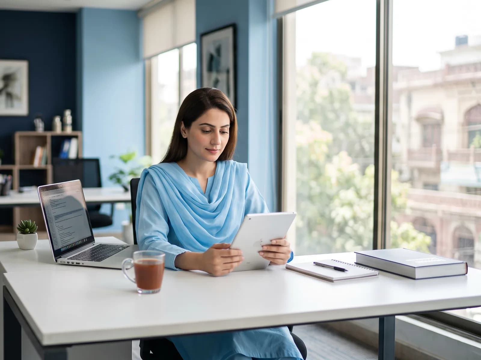 Documentation specialist in a light blue dupatta reviewing a draft on a tablet at her desk