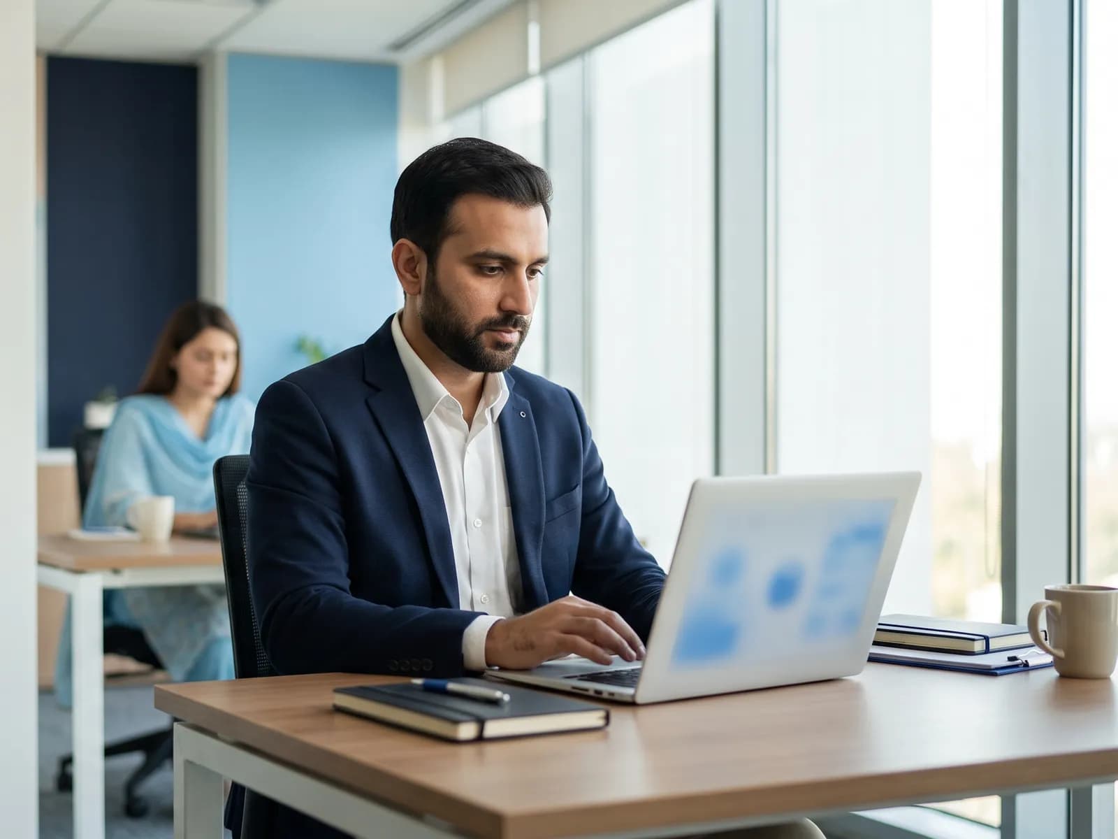 Revenue cycle specialist in a navy blazer working on a laptop in the office