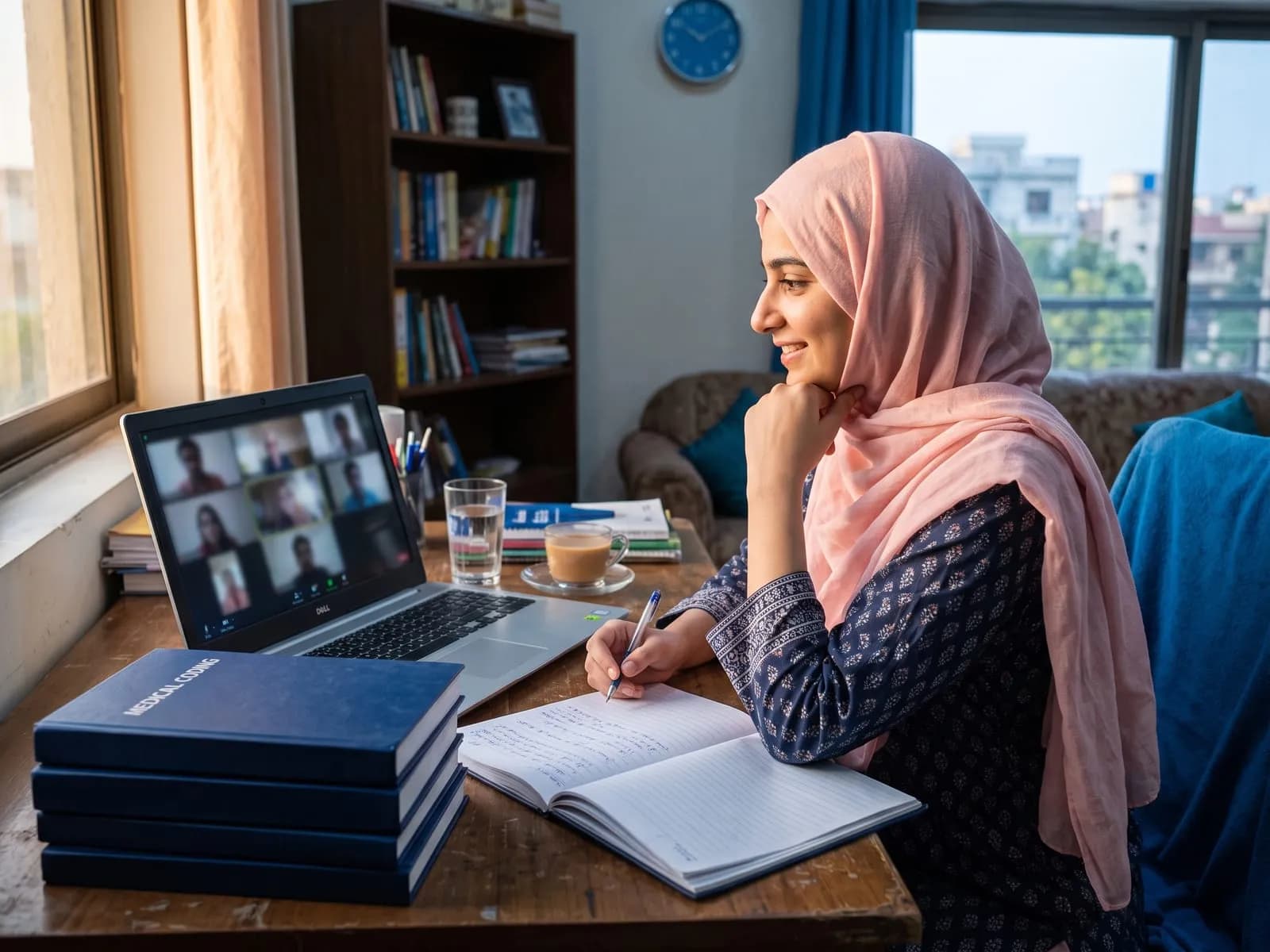 Student taking notes during a live online medical coding class