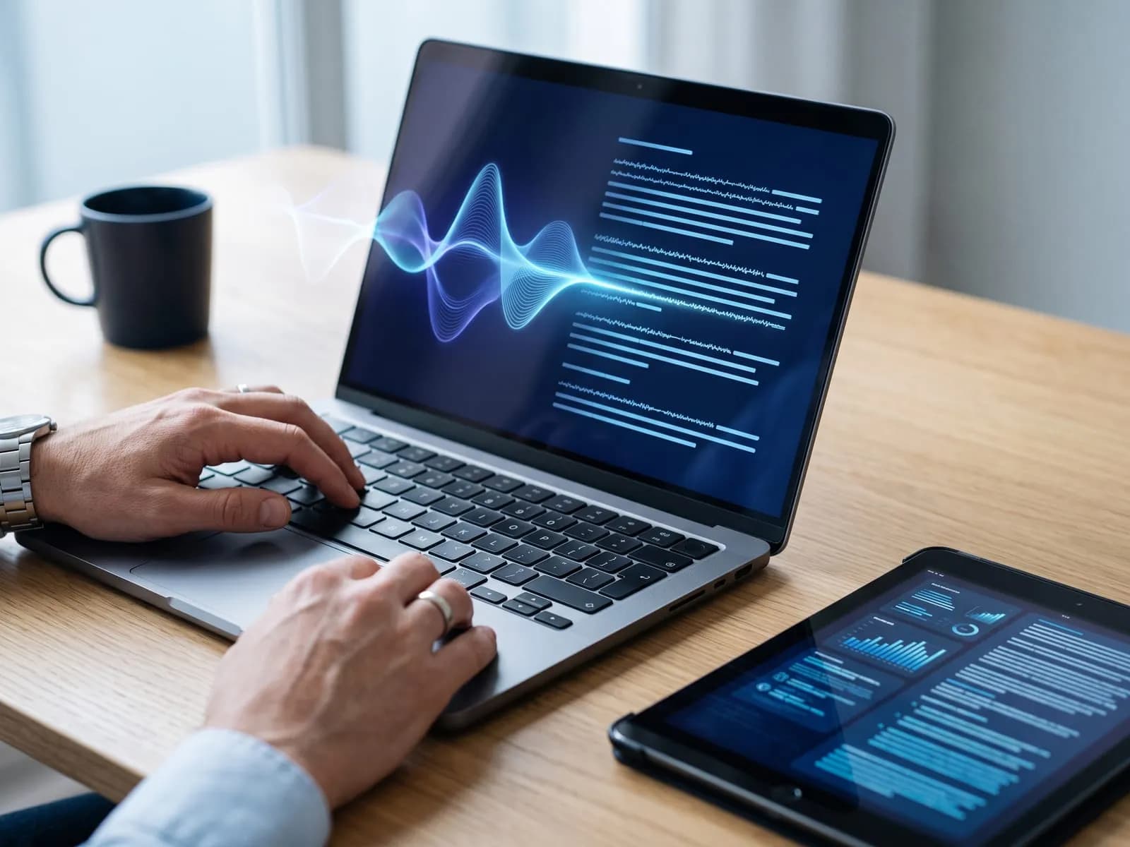 Laptop screen showing a voice waveform turning into a structured draft report