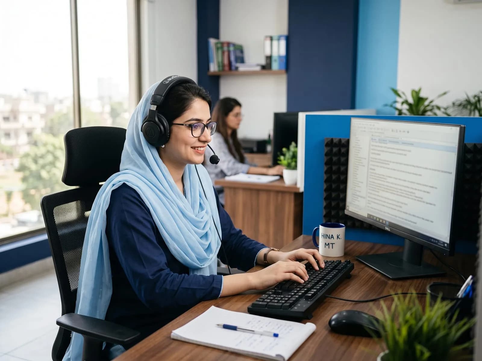 Medical transcriptionist with a headset typing a clinical report at her workstation