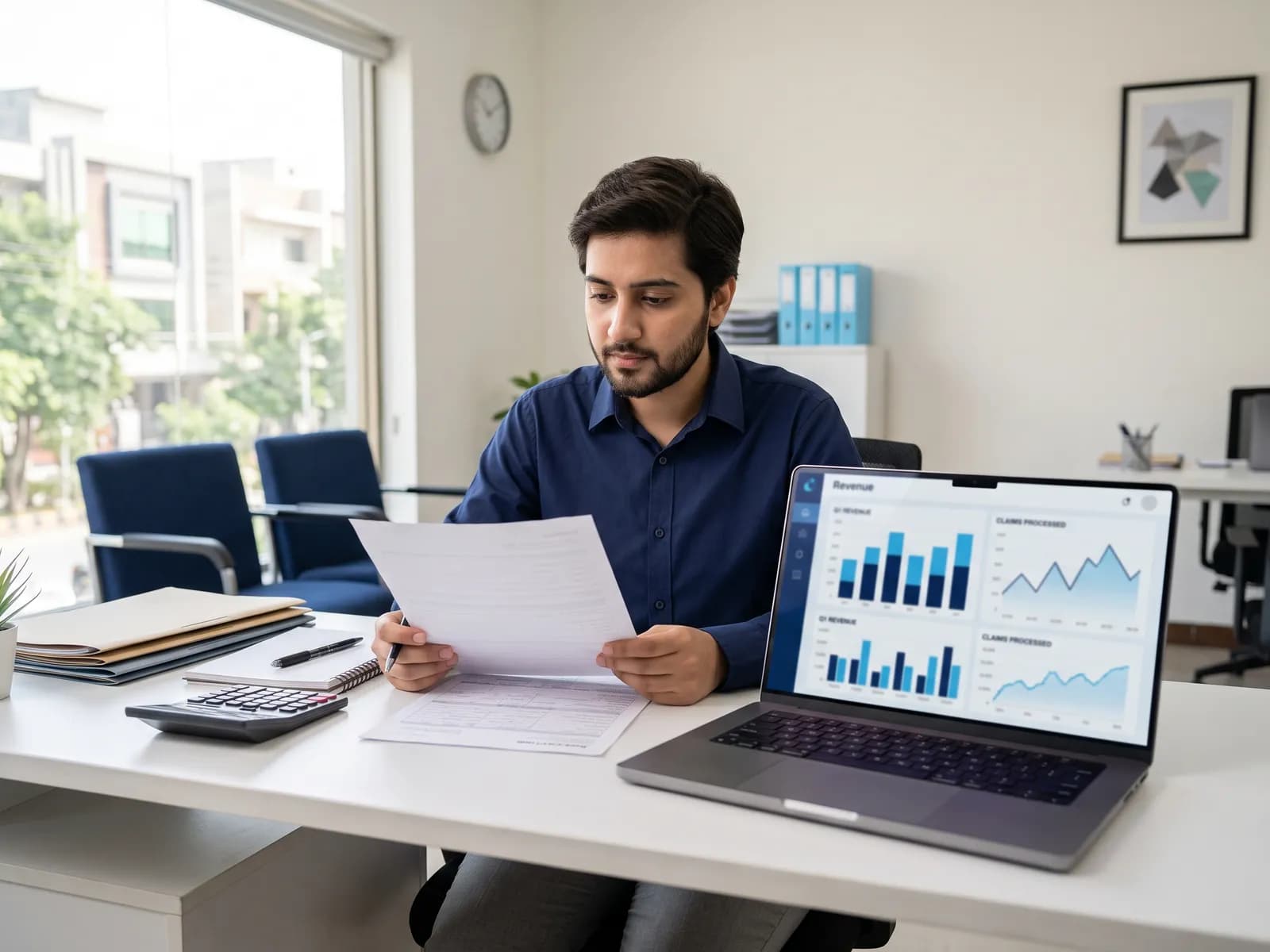 Revenue cycle specialist checking a claim against a dashboard of charts on his laptop
